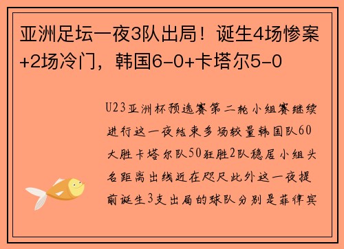 亚洲足坛一夜3队出局！诞生4场惨案+2场冷门，韩国6-0+卡塔尔5-0